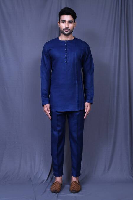 Shop_Arihant Rai Sinha_Blue Cotton Plain Pintucked Shirt And Straight Pant Co-ord Set _Online_at_Aza_Fashions