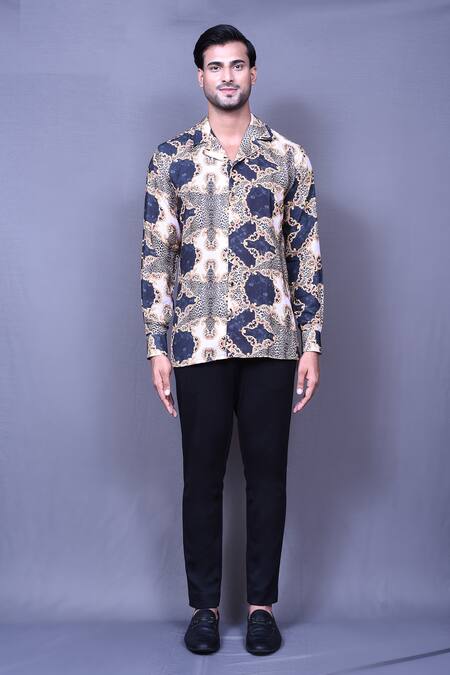 Aryavir Malhotra_Beige Cotton Vintage Print Shirt _Online_at_Aza_Fashions