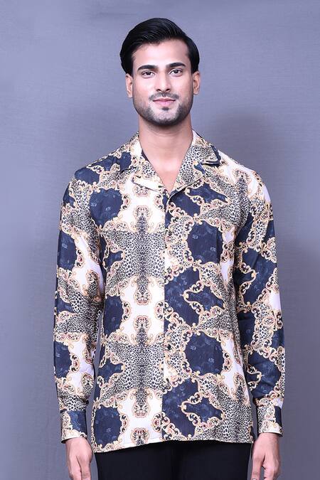Buy_Aryavir Malhotra_Beige Cotton Vintage Print Shirt _Online_at_Aza_Fashions