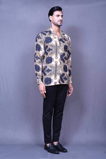Aryavir Malhotra_Beige Cotton Vintage Print Shirt _at_Aza_Fashions