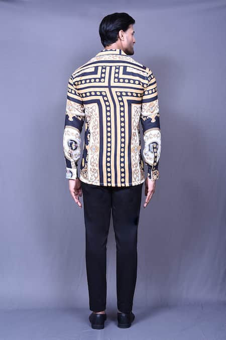 Shop_Aryavir Malhotra_Black Cotton Vintage Print Shirt _at_Aza_Fashions