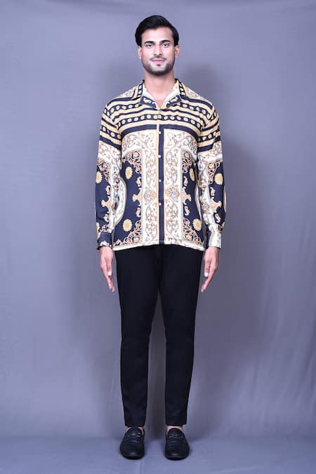Aryavir Malhotra_Black Cotton Vintage Print Shirt _Online_at_Aza_Fashions