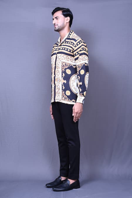 Shop_Aryavir Malhotra_Black Cotton Vintage Print Shirt _Online_at_Aza_Fashions