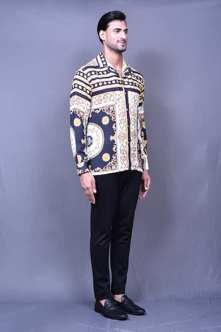 Aryavir Malhotra_Black Cotton Vintage Print Shirt _at_Aza_Fashions
