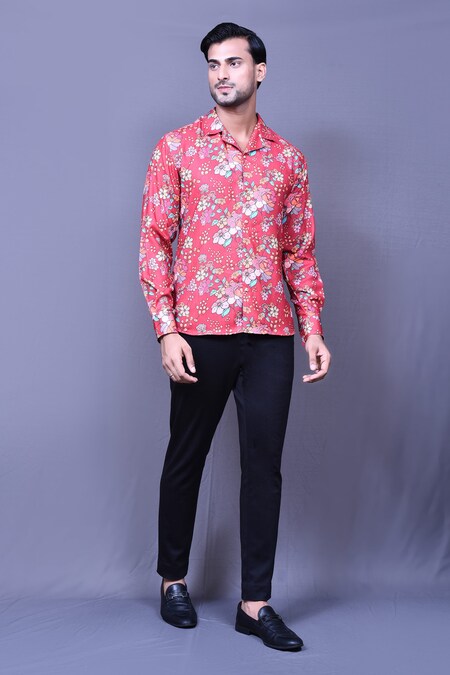 Arihant Rai Sinha Red Cotton Printed Floral Shirt