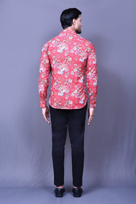 Shop_Arihant Rai Sinha_Red Cotton Embroidery Floral Print Shirt _at_Aza_Fashions