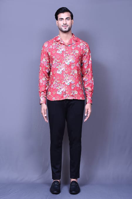 Arihant Rai Sinha_Red Cotton Embroidery Floral Print Shirt _Online_at_Aza_Fashions