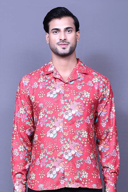 Buy_Arihant Rai Sinha_Red Cotton Embroidery Floral Print Shirt _Online_at_Aza_Fashions
