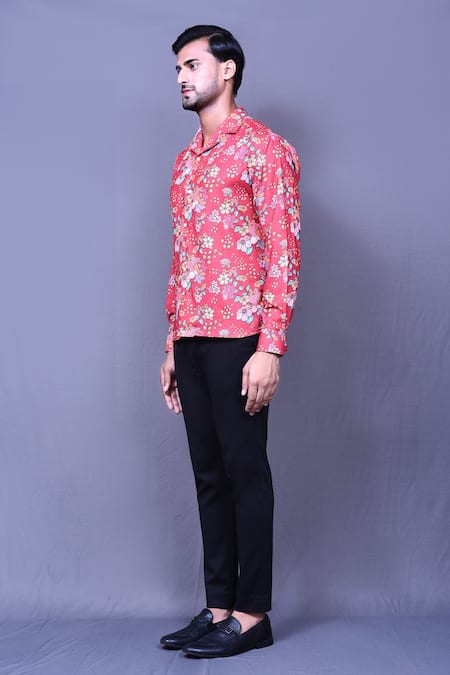 Shop_Arihant Rai Sinha_Red Cotton Embroidery Floral Print Shirt _Online_at_Aza_Fashions