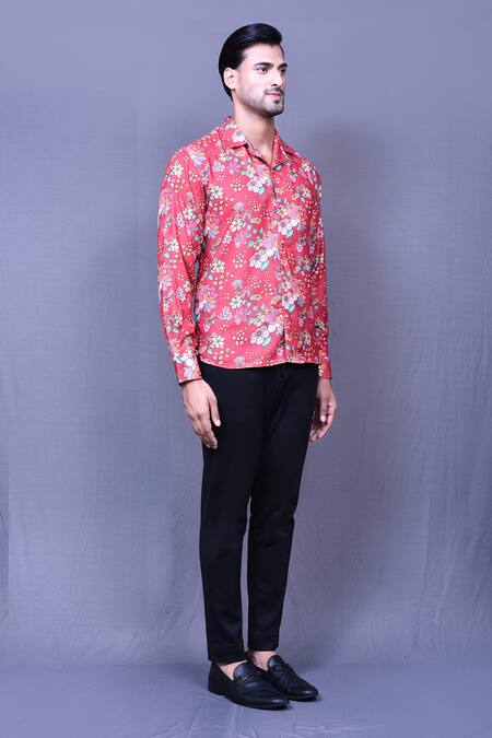 Arihant Rai Sinha_Red Cotton Embroidery Floral Print Shirt _at_Aza_Fashions
