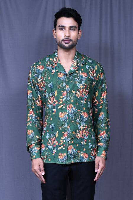 Buy Aryavir Malhotra Green Cotton Botanic Floral Print Shirt Online at Aza Fashions Buy_Aryavir Malhotra_Green Cotton Botanic Floral Print Shirt _Online_at_Aza_Fashions
