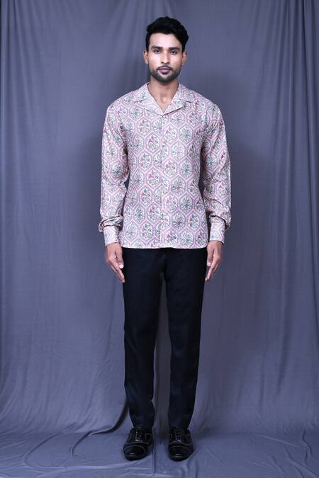Aryavir Malhotra_Pink Cotton Embroidery Mughal Floral Jaal Print Shirt _Online_at_Aza_Fashions