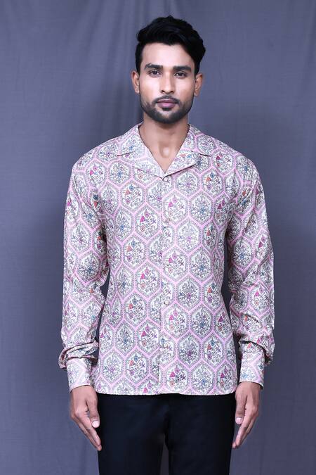 Buy Aryavir Malhotra Pink Cotton Embroidery Mughal Floral Jaal Print Shirt Online at Aza Fashions Buy_Aryavir Malhotra_Pink Cotton Embroidery Mughal Floral Jaal Print Shirt _Online_at_Aza_Fashions