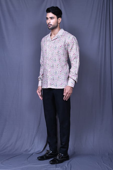 Shop_Aryavir Malhotra_Pink Cotton Embroidery Mughal Floral Jaal Print Shirt _Online_at_Aza_Fashions