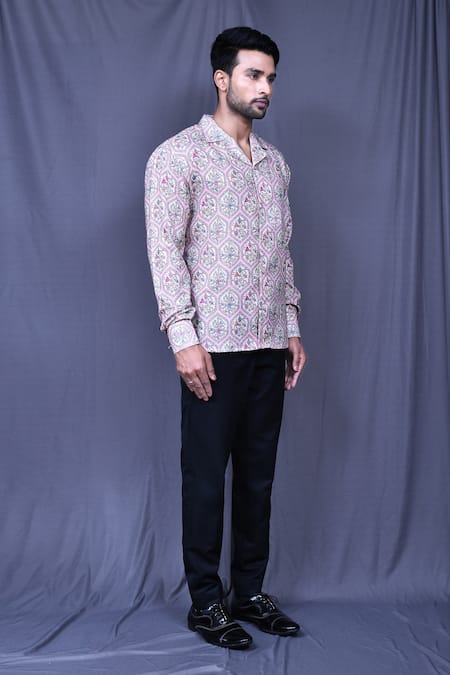 Aryavir Malhotra_Pink Cotton Embroidery Mughal Floral Jaal Print Shirt _at_Aza_Fashions