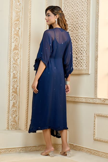 Ariyana By Aza_Blue Viscose, Modal Sequins Split V-neck Embroidered Kaftan _Online_at_Aza_Fashions