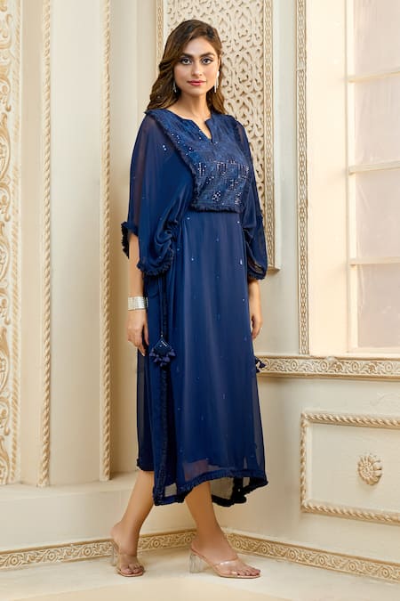Ariyana By Aza_Blue Viscose, Modal Sequins Split V-neck Embroidered Kaftan _at_Aza_Fashions