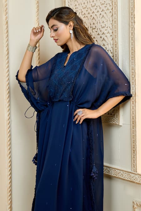 Buy_Ariyana By Aza_Blue Viscose, Modal Sequins Split V-neck Embroidered Kaftan 