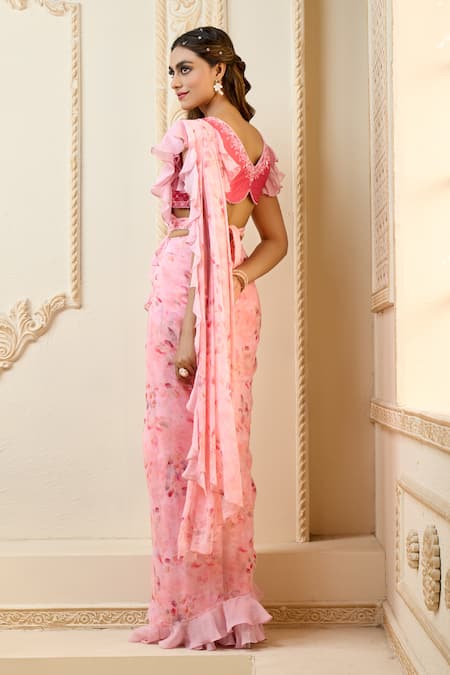 Ariyana By Aza Pre-Draped Rose Petal Print Saree With Blouse 