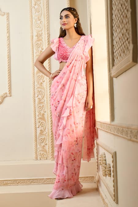 Shop Aariyana Couture Pink Chiffon Embroidery V-neck Pre-draped Rose Petal Print Saree With Blouse Online at Aza Fashions Shop_Aariyana Couture_Pink Chiffon Embroidery V-neck Pre-draped Rose Petal Print Saree With Blouse_Online_at_Aza_Fashions