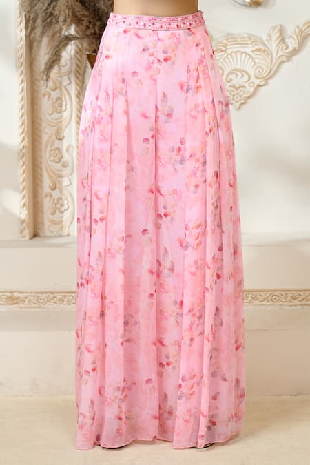 Aariyana Couture_Pink Chiffon Embroidery, Lace Scoop Rose Petal Print Flared Pant Set With Cape_Online_at_Aza_Fashions