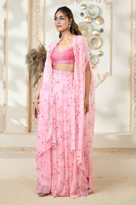 Aariyana Couture_Pink Chiffon Embroidery, Lace Scoop Rose Petal Print Flared Pant Set With Cape_at_Aza_Fashions