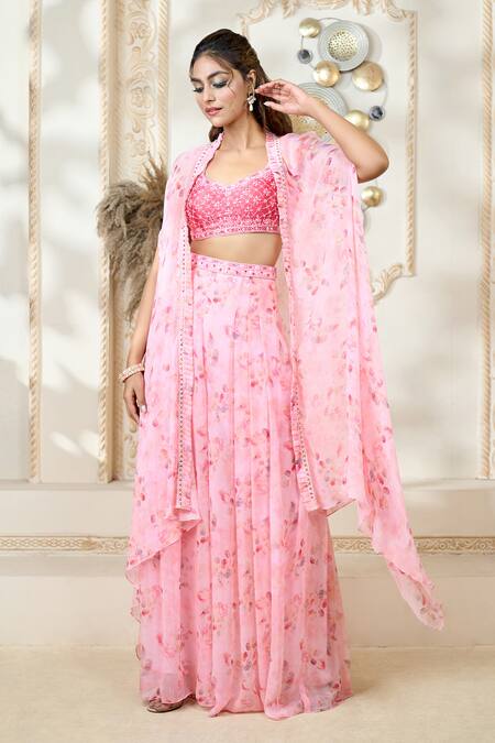 Buy_Aariyana Couture_Pink Chiffon Embroidery, Lace Scoop Rose Petal Print Flared Pant Set With Cape