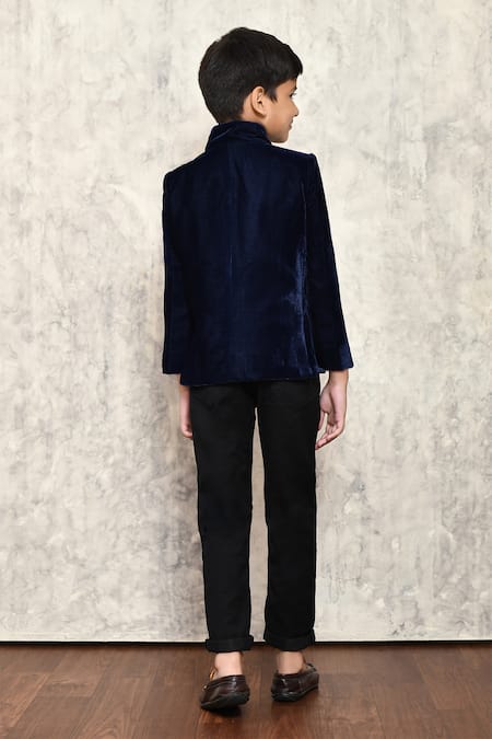 Shop_Petite Pomme_Blue Velvet, Satin Embroidery Placement Blazer _at_Aza_Fashions