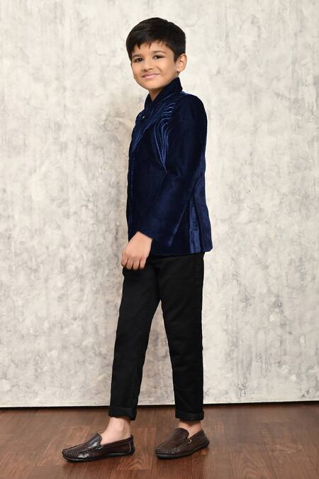 Buy_Petite Pomme_Blue Velvet, Satin Embroidery Placement Blazer _Online_at_Aza_Fashions