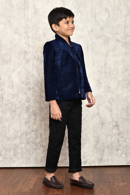 Shop_Petite Pomme_Blue Velvet, Satin Embroidery Placement Blazer _Online_at_Aza_Fashions
