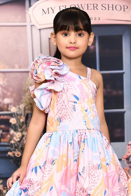 Petite Pomme_Pink Crepe, Linen Floral Bloom Print Dress _Online_at_Aza_Fashions