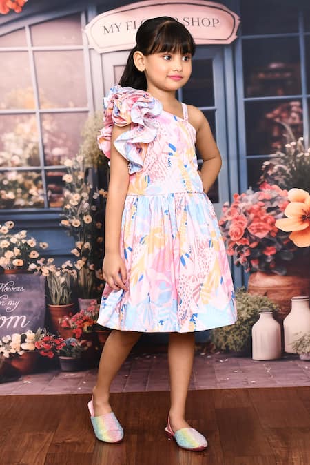 Shop_Petite Pomme_Pink Crepe, Linen Floral Bloom Print Dress _Online_at_Aza_Fashions