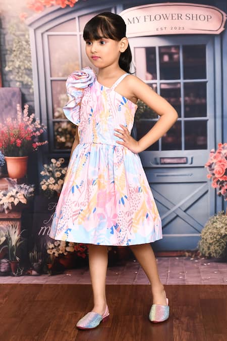 Petite Pomme_Pink Crepe, Linen Floral Bloom Print Dress _at_Aza_Fashions