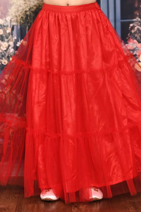 Petite Pomme_Red Net, Cotton, Silk Zari Lehenga And Ruffled Blouse Set_Online_at_Aza_Fashions