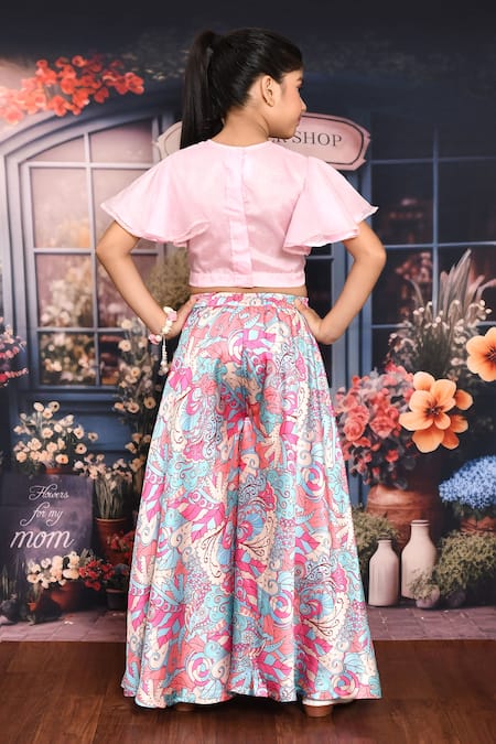 Shop_Petite Pomme_Multi Color Organza, Satin Embroidery Flamingo Top And Palazzo Set _at_Aza_Fashions