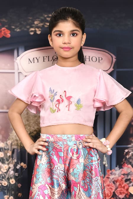 Petite Pomme Multi Color Organza, Satin Embroidery Flamingo Top And Palazzo Set Online at Aza Fashions Petite Pomme_Multi Color Organza, Satin Embroidery Flamingo Top And Palazzo Set _Online_at_Aza_Fashions