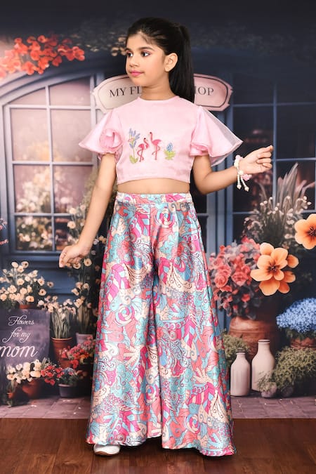 Buy_Petite Pomme_Multi Color Organza, Satin Embroidery Flamingo Top And Palazzo Set _Online_at_Aza_Fashions
