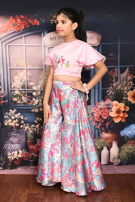 Shop_Petite Pomme_Multi Color Organza, Satin Embroidery Flamingo Top And Palazzo Set _Online_at_Aza_Fashions