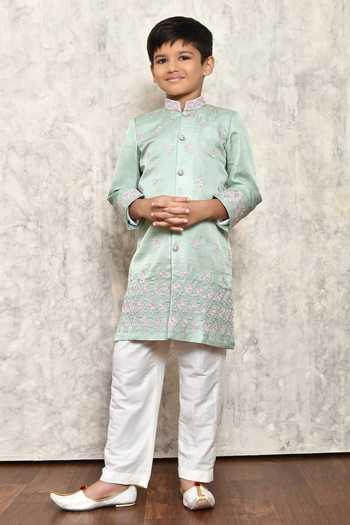 Buy_Petite Pomme_Green Silk, Cotton Satin Embroidery Floral Sherwani Set _Online_at_Aza_Fashions
