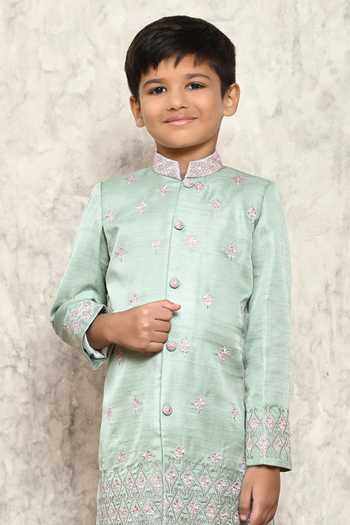 Shop_Petite Pomme_Green Silk, Cotton Satin Embroidery Floral Sherwani Set _Online_at_Aza_Fashions