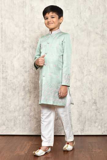 Petite Pomme_Green Silk, Cotton Satin Embroidery Floral Sherwani Set _at_Aza_Fashions