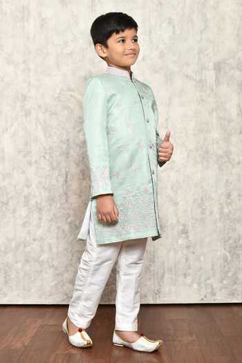 Buy_Petite Pomme_Green Silk, Cotton Satin Embroidery Floral Sherwani Set 