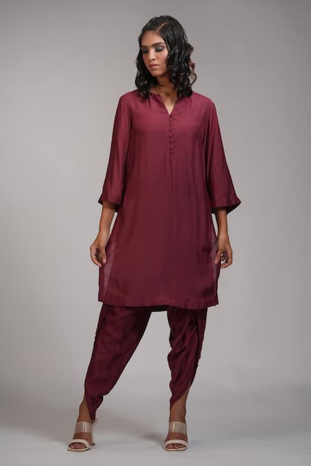 Shop_Shruti S_Maroon Cotton Split V-neck Mul Kurta And Dhoti Set _Online_at_Aza_Fashions