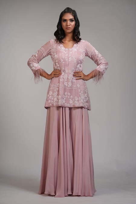 Shruti S_Pink Organza, Crepe Sequins, Cut Work V-neck Embroidered Kurta Sharara Set _Online_at_Aza_Fashions