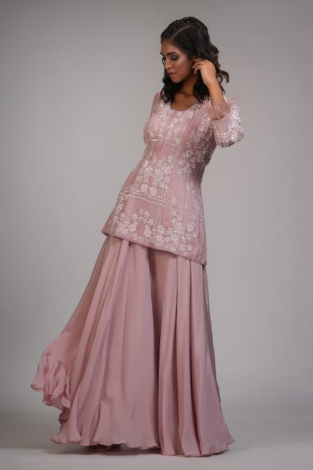 Buy_Shruti S_Pink Organza, Crepe Sequins, Cut Work V-neck Embroidered Kurta Sharara Set _Online_at_Aza_Fashions