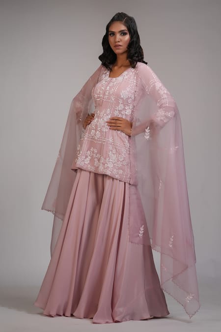 Shop_Shruti S_Pink Organza, Crepe Sequins, Cut Work V-neck Embroidered Kurta Sharara Set _Online_at_Aza_Fashions