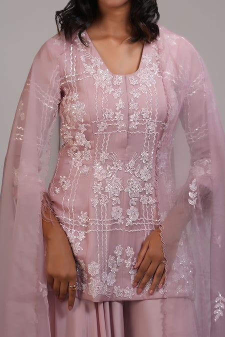 Shruti S_Pink Organza, Crepe Sequins, Cut Work V-neck Embroidered Kurta Sharara Set _at_Aza_Fashions