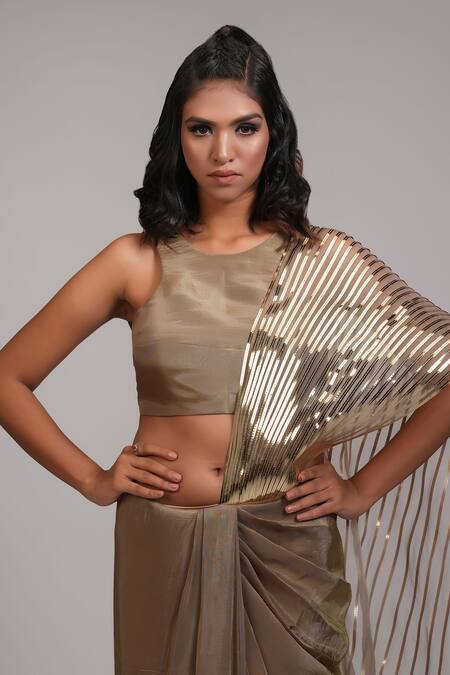 Shop_Shruti S_Gold Organza, Crepe, Silk Zari Round Neck Metallic Pre-draped Saree With Blouse _Online_at_Aza_Fashions