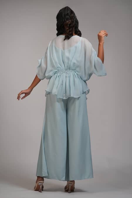 Shop_Shruti S_Blue Organza, Satin, Cotton, Modal Powder Embroidered Kaftan And Trouser Set _at_Aza_Fashions