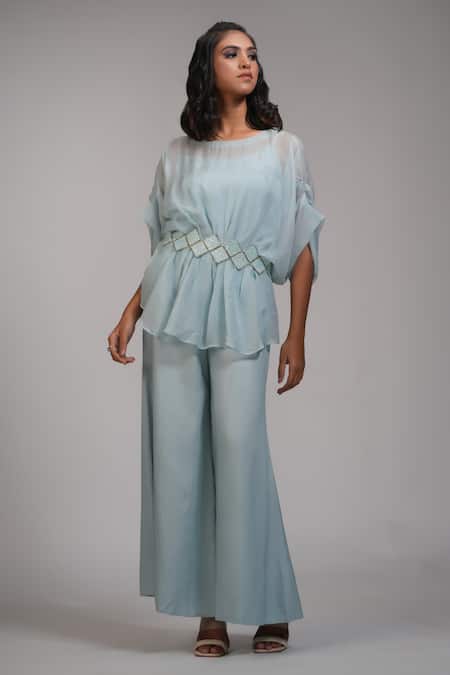Shruti S_Blue Organza, Satin, Cotton, Modal Powder Embroidered Kaftan And Trouser Set _Online_at_Aza_Fashions